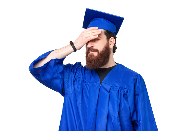 Graduate holds his hand to his face in disappointment